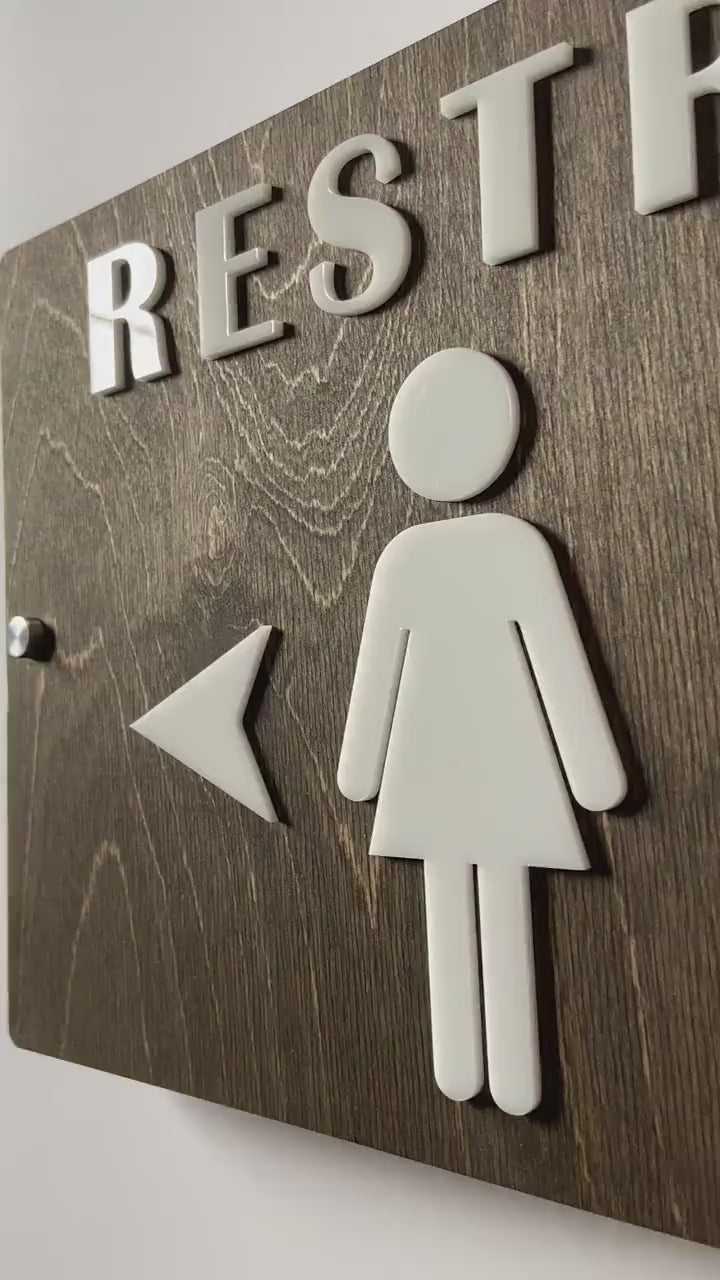 Wood & Acrylic Directional Arrow Bathroom Sign | Unisex Men Women Handicap Designs | Business Restroom Signs
