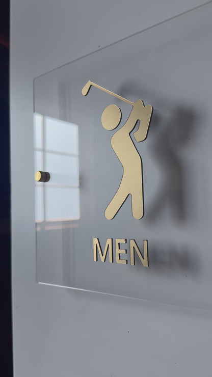 Golf Restroom Signs | Men & Women Bathroom or Locker Room Signage | Gold Acrylic Golf Icons for Clubhouses & Pro Shops