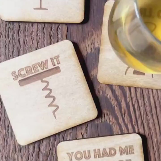 Wine Coasters | Set of 4 | Laser Engraved Real Wood with Cork Backing – Housewarming Gift