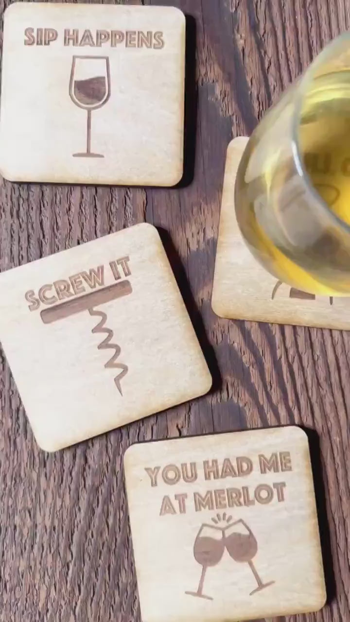 Wine Coasters | Set of 4 | Laser Engraved Real Wood with Cork Backing – Housewarming Gift