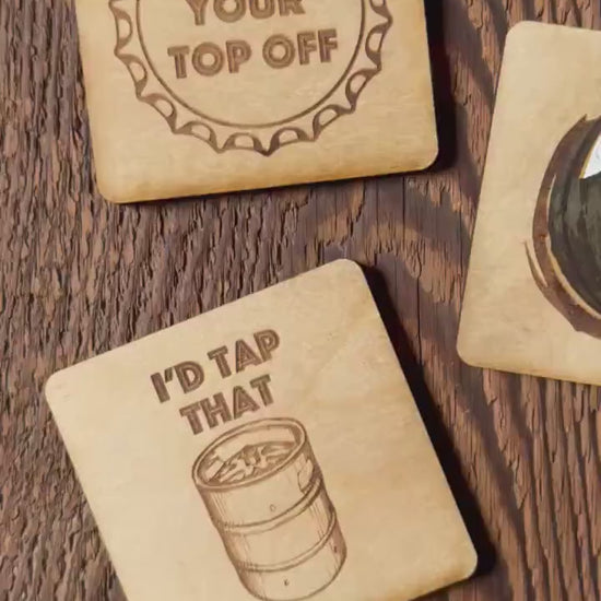 Beer Coasters | Set of 4  | Laser Engraved Real Wood Drink Coaster with Cork Backing - Housewarming Gift