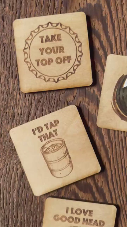 Beer Coasters | Set of 4  | Laser Engraved Real Wood Drink Coaster with Cork Backing - Housewarming Gift