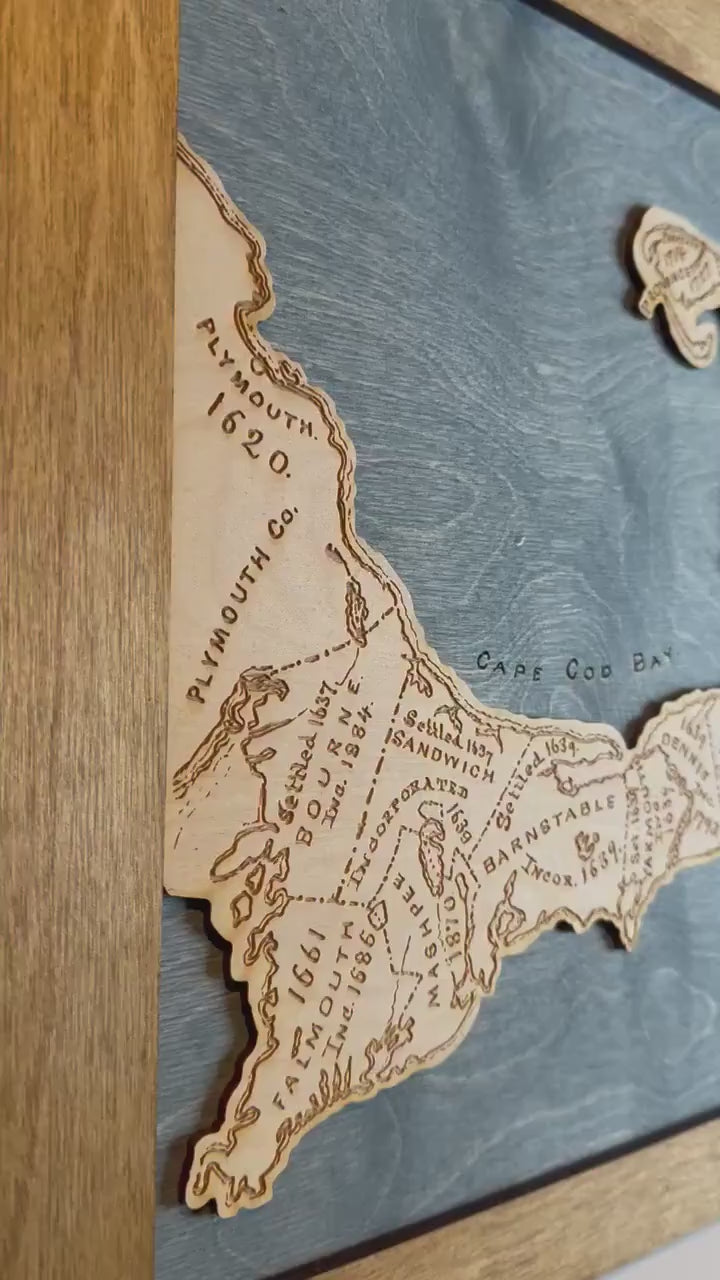 Cape Cod Map Framed Wood Map | Engraved Wooden Wall Hanging | 18x14.5”