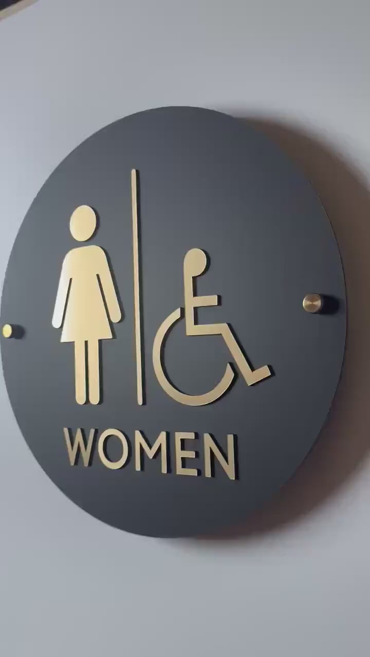 Black and Gold Acrylic Bathroom Sign | Unisex Men Women Handicap Designs | Business Restroom Signs