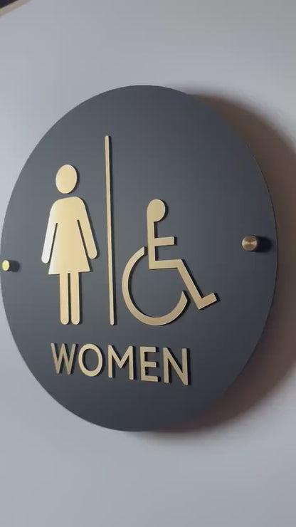 Black and Gold Acrylic Bathroom Sign | Unisex Men Women Handicap Designs | Business Restroom Signs