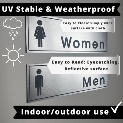 Bathroom Signs Stainless Steel Home Office |  Mens Womens Room | 9x3" Weatherproof & UV Resistant with Adhesive Backing | Set of 2
