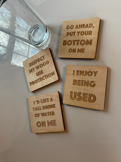 Dirty Humor Table Coaster | Custom Engraved Inappropriate Funny Kitchen Present | Tall Drink of Water | Use Me | Wood Drink Holder