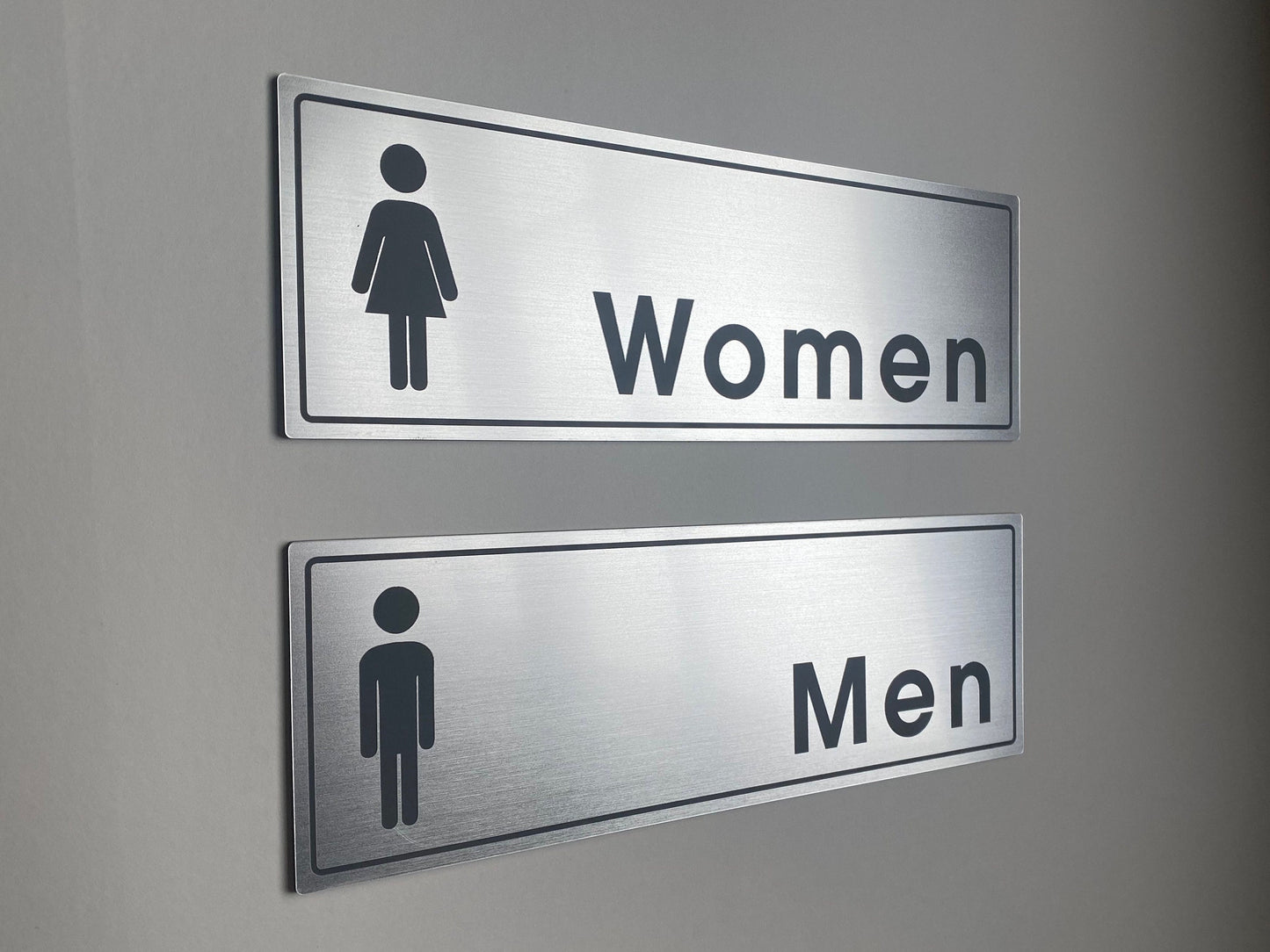 Bathroom Signs Stainless Steel Home Office |  Mens Womens Room | 9x3" Weatherproof & UV Resistant with Adhesive Backing | Set of 2
