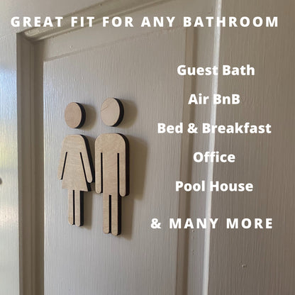 Bathroom Icon WOOD Decal | Air BnB Men's Women's Coffee Shop Office Restaurant Restroom Signs | Modern Business Handicap Home Bar | ADA Sign