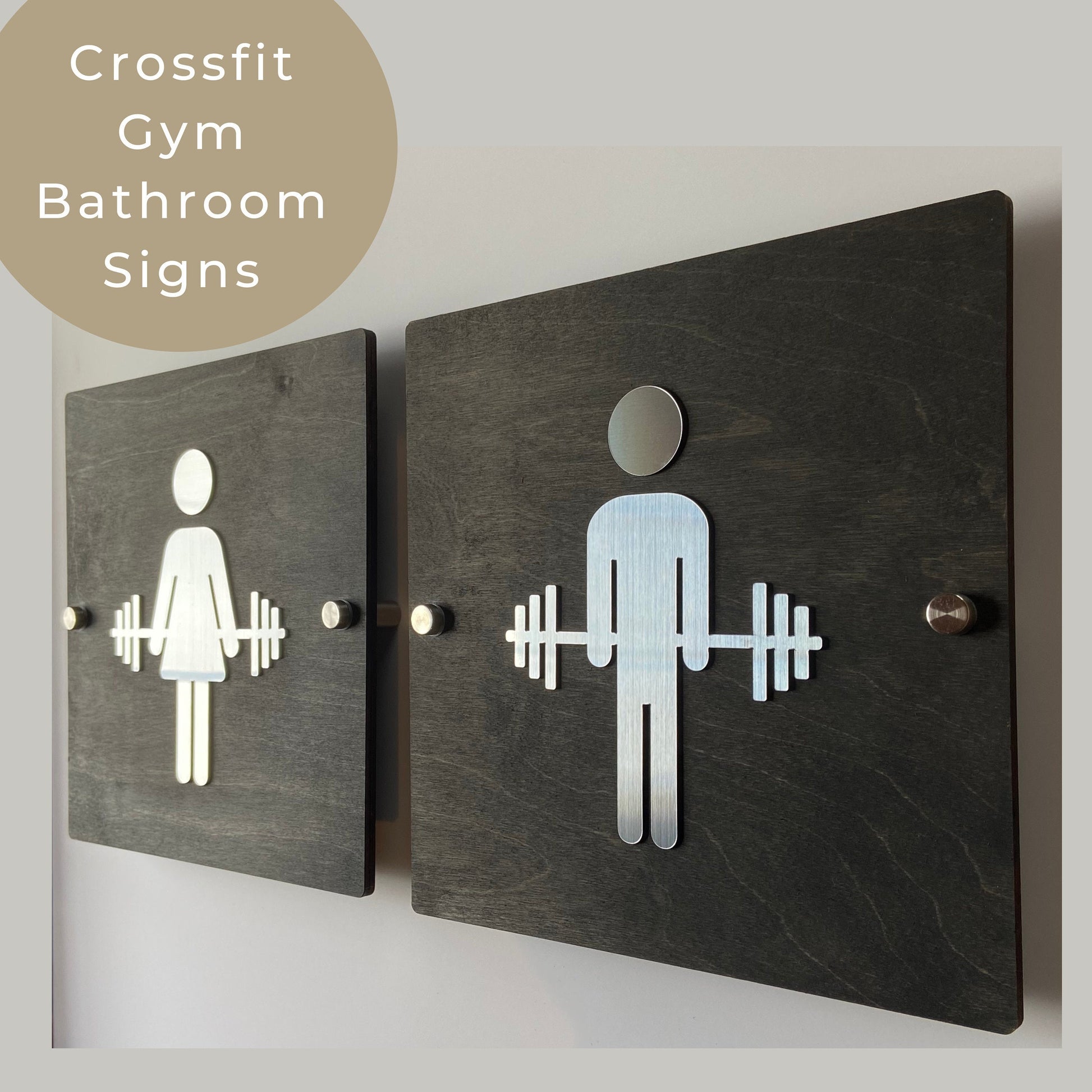 Crossfit Gym Bathroom Women Men Unisex Cycling Studio Restroom Signs Acrylic Rustic Wood 9 x 9 "| Priced per sign not as a set