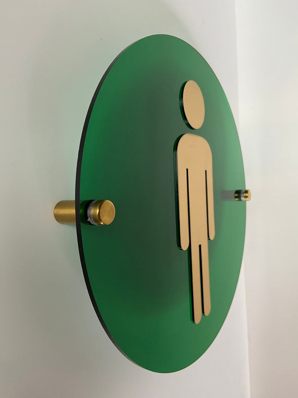 Modern Restroom Signs | Transparent Green Acrylic with Gold Icons | Office Business Men Women Bathroom 9 x 9 "| Priced per sign not as a set