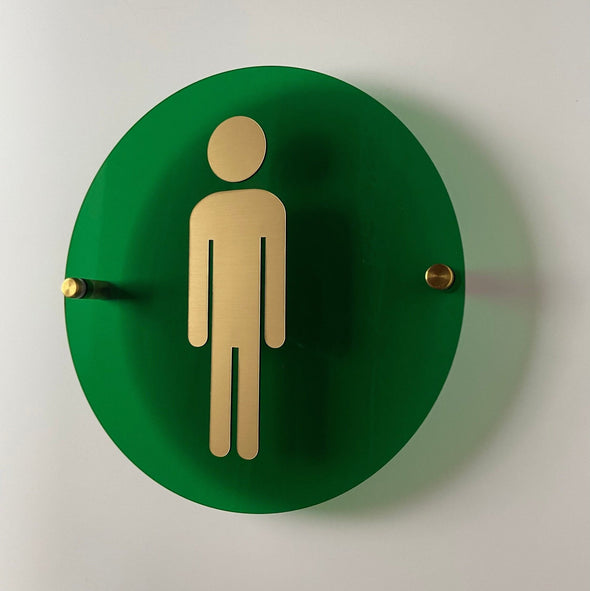 Modern Restroom Signs | Transparent Green Acrylic with Gold Icons | Office Business Men Women Bathroom 9 x 9 "| Priced per sign not as a set