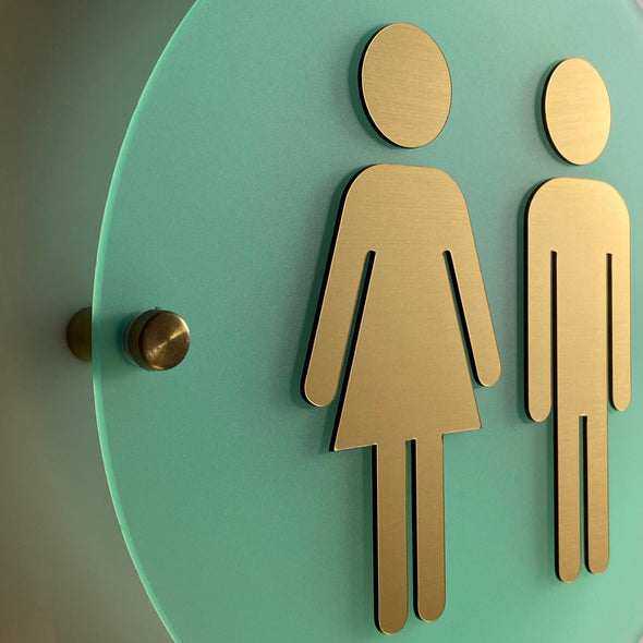 Aqua and Gold Acrylic Semi Transparent Restroom Signs | Business Men Women Handicap Bathroom 9x9" or 12x12" | Priced per sign not as a set